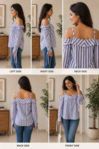 Striped off shoulder tie sleeve top | xl | cotton silk material |Korean & Chineses. Crop top