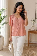 Peach Button-Front Puff Sleeve Top | XL | cotton silk | Korean & Chinese  crop top