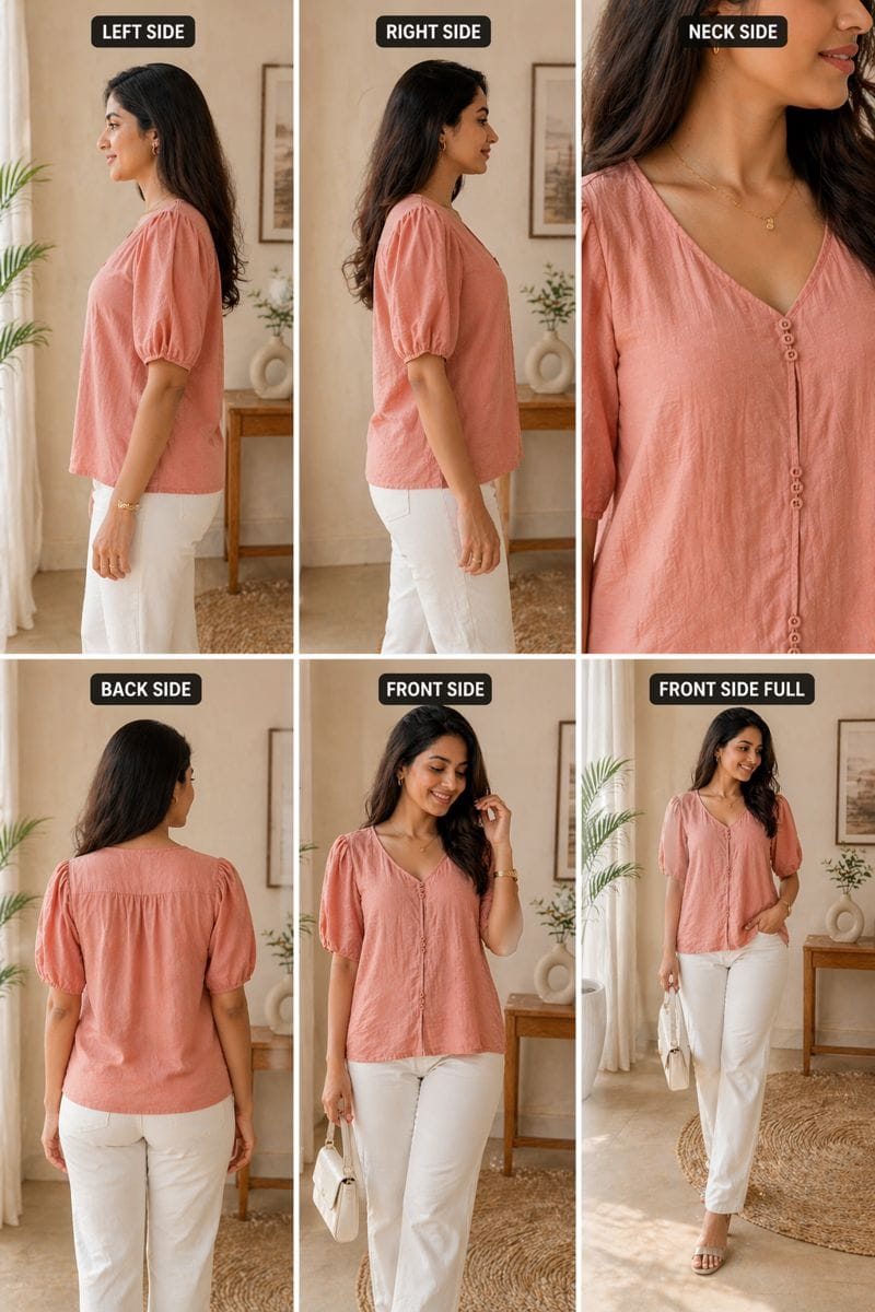 Peach Button-Front Puff Sleeve Top | XL | cotton silk | Korean & Chinese  crop top