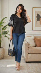 Black Elegance V-Neck Top | korean & Black top | xl | Soft cotton material | Korean & chinese crop top