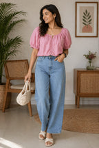 Soft  Pink Puff Sleeve Casual Top | xl |Soft cotton material | korean and chinese crop top
