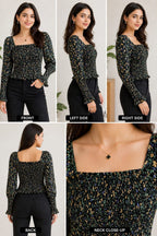 Women’s Printed Smocked Crop Top | Square Neck Long Sleeve Stylish Western Wear (Black Floral Large size Cotton material| Korean & chinese crop top |