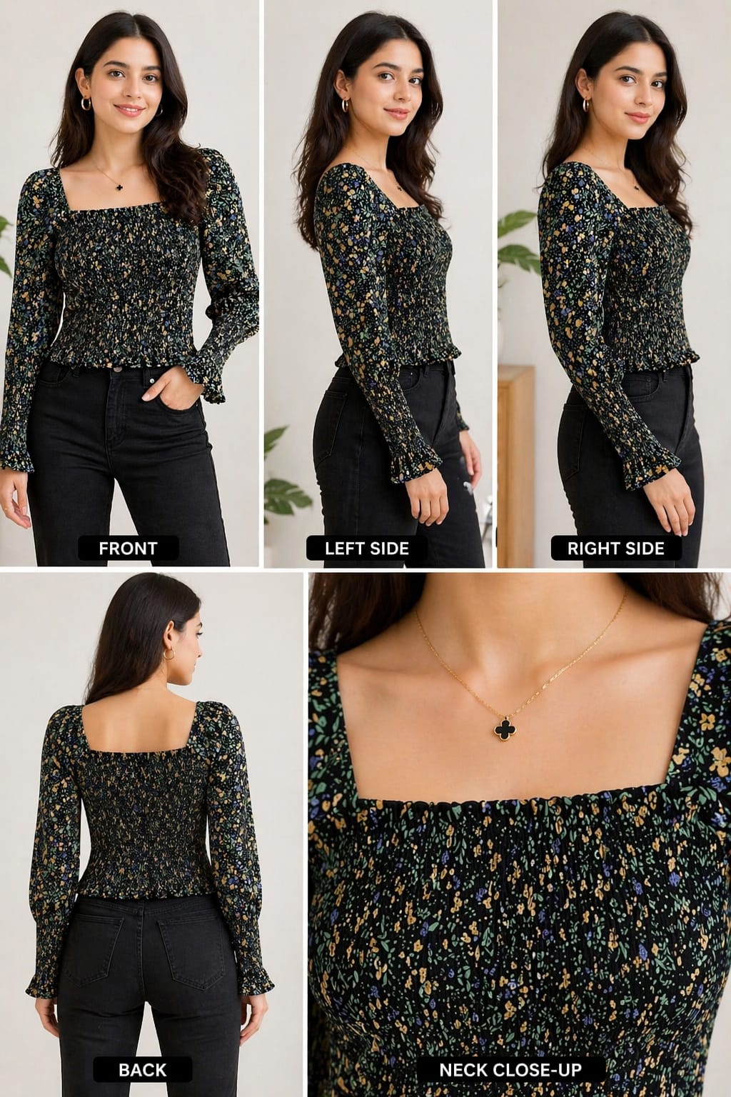 Women’s Printed Smocked Crop Top | Square Neck Long Sleeve Stylish Western Wear (Black Floral Large size Cotton material| Korean & chinese crop top |