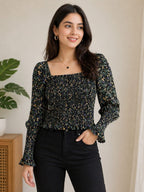 Women’s Printed Smocked Crop Top | Square Neck Long Sleeve Stylish Western Wear (Black Floral Large size Cotton material| Korean & chinese crop top |