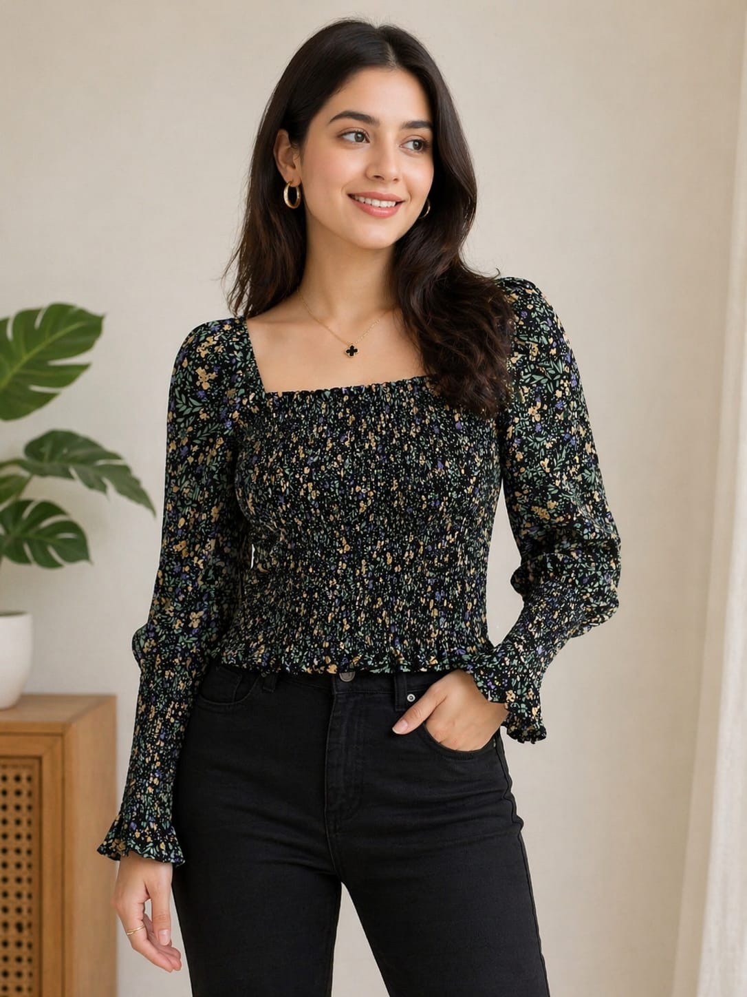 Women’s Printed Smocked Crop Top | Square Neck Long Sleeve Stylish Western Wear (Black Floral Large size Cotton material| Korean & chinese crop top |
