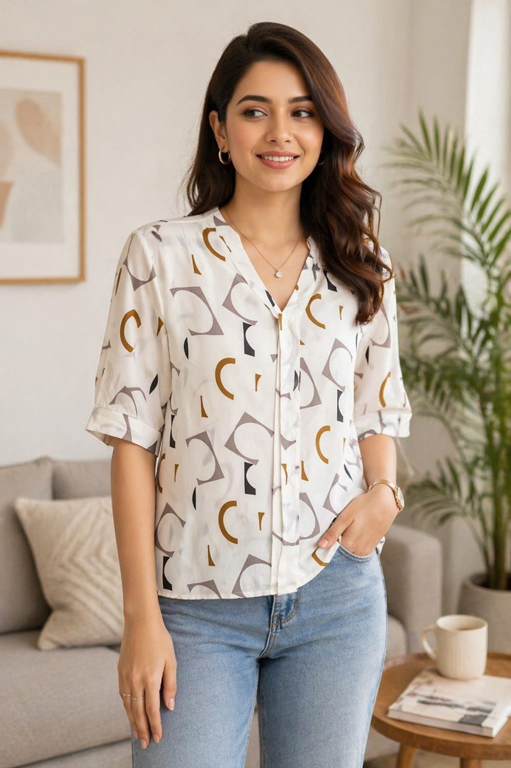 Women’s Geometric Print Top | V-Neck Button Front Half Sleeve Casual Shirt (White) | XL | Soft Silky Material |korean & chinese crop top