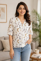 Women’s Geometric Print Top | V-Neck Button Front Half Sleeve Casual Shirt (White) | XL | Soft Silky Material |korean & chinese crop top