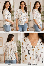 Women’s Geometric Print Top | V-Neck Button Front Half Sleeve Casual Shirt (White) | XL | Soft Silky Material |korean & chinese crop top