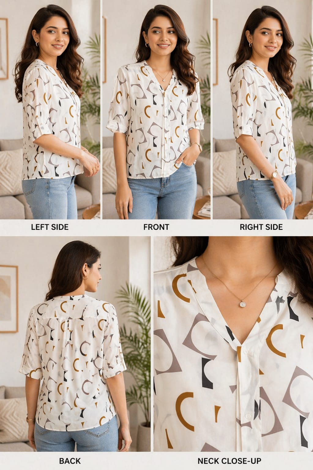 Women’s Geometric Print Top | V-Neck Button Front Half Sleeve Casual Shirt (White) | XL | Soft Silky Material |korean & chinese crop top