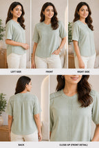 Women’s Solid Sage Green Top | Round Neck | Half Sleeve | Elegant Casual & Office Wear Blouse|Soft silky material | xl | Crop top | korean & chinese crop top |
