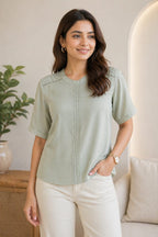 Women’s Solid Sage Green Top | Round Neck | Half Sleeve | Elegant Casual & Office Wear Blouse|Soft silky material | xl | Crop top | korean & chinese crop top |