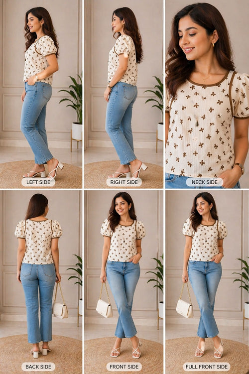 Brown Print Puff Sleeve Top | l | cotton silk material | Korean & chinese top