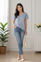 Classic Blue Stripe V neck T-shirt | Xl | Soft silk material | Crop top | Korean & Chinese Crop  top