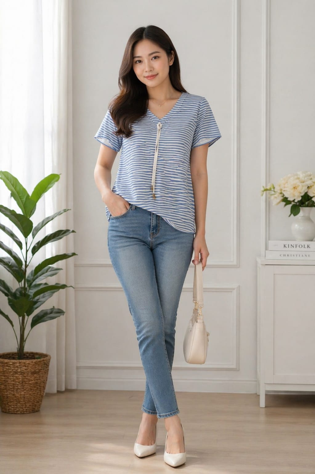 Classic Blue Stripe V neck T-shirt | Xl | Soft silk material | Crop top | Korean & Chinese Crop  top