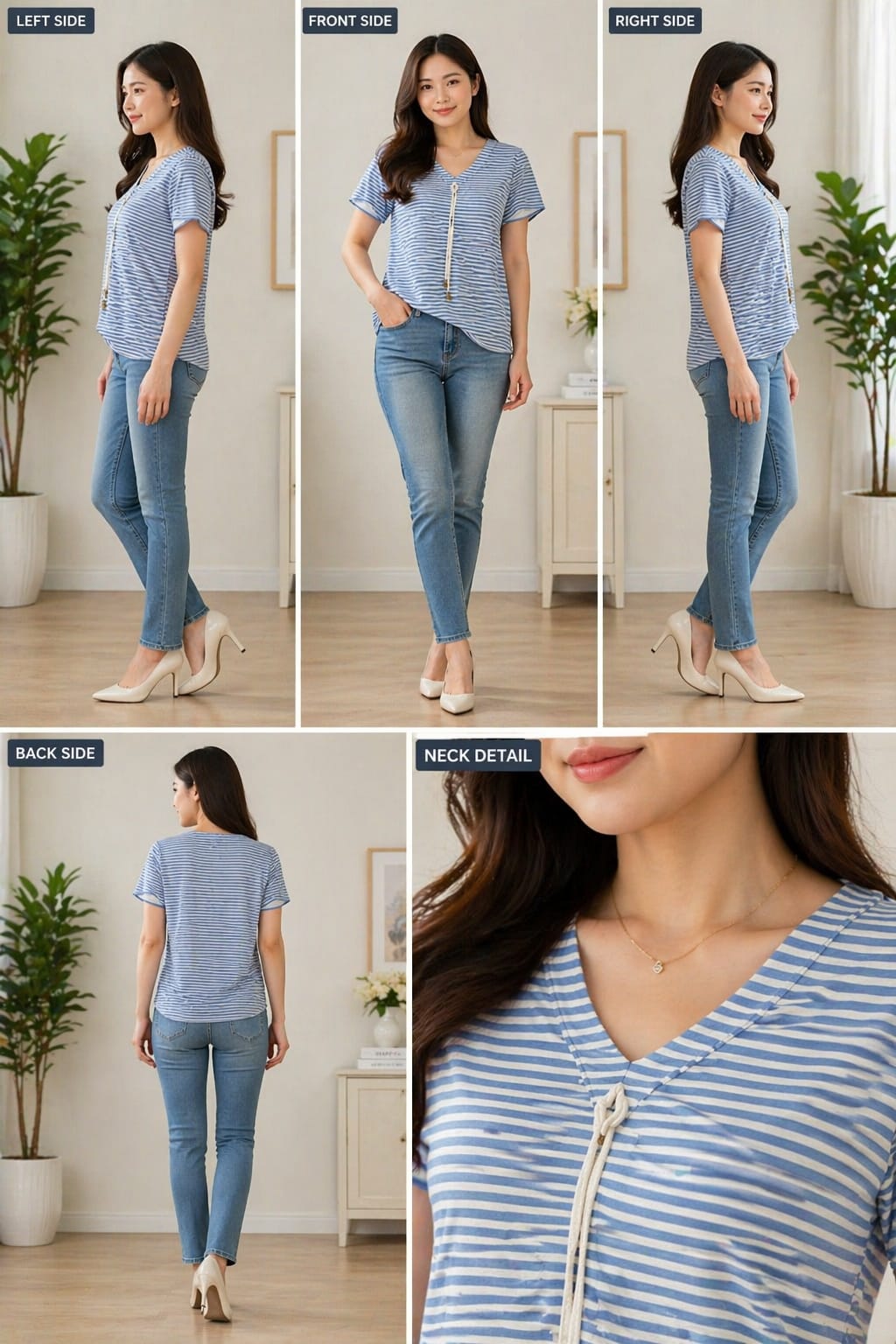 Classic Blue Stripe V neck T-shirt | Xl | Soft silk material | Crop top | Korean & Chinese Crop  top