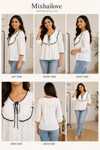 Women’s White Polka Dot Ruffle Neck Tie-Up Casual Top with Contrast Piping| Korean & Chinese crop  top |Xl cotton silk material