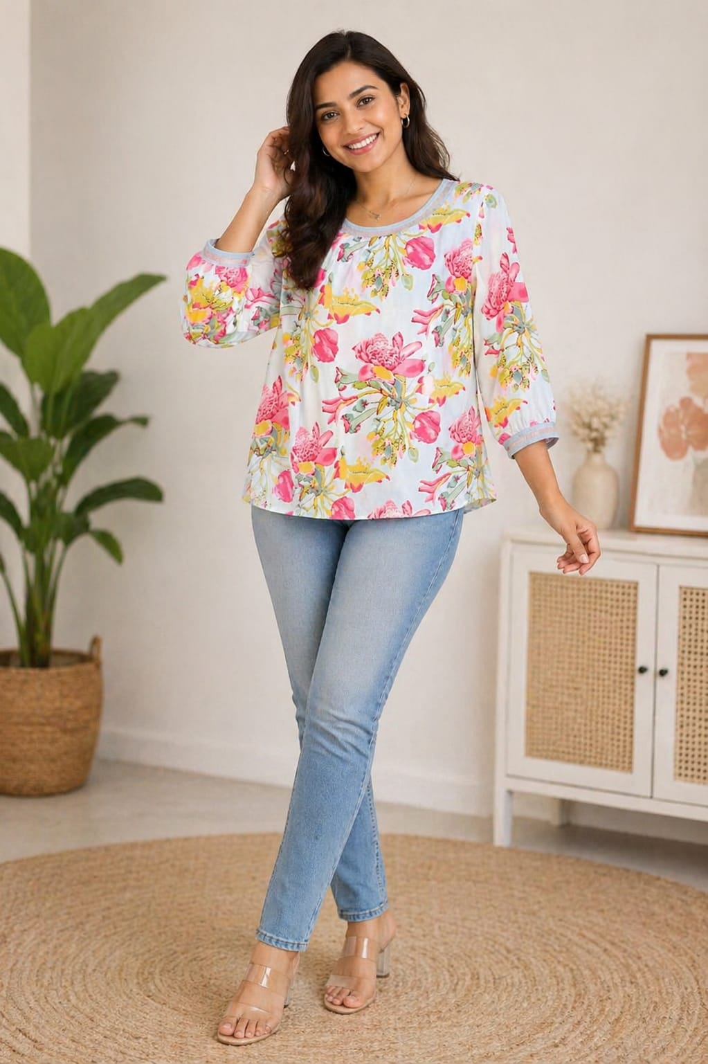 Women’s Floral Printed Round Neck Top | Korean & chinese crop  top | xxl soft silk material |