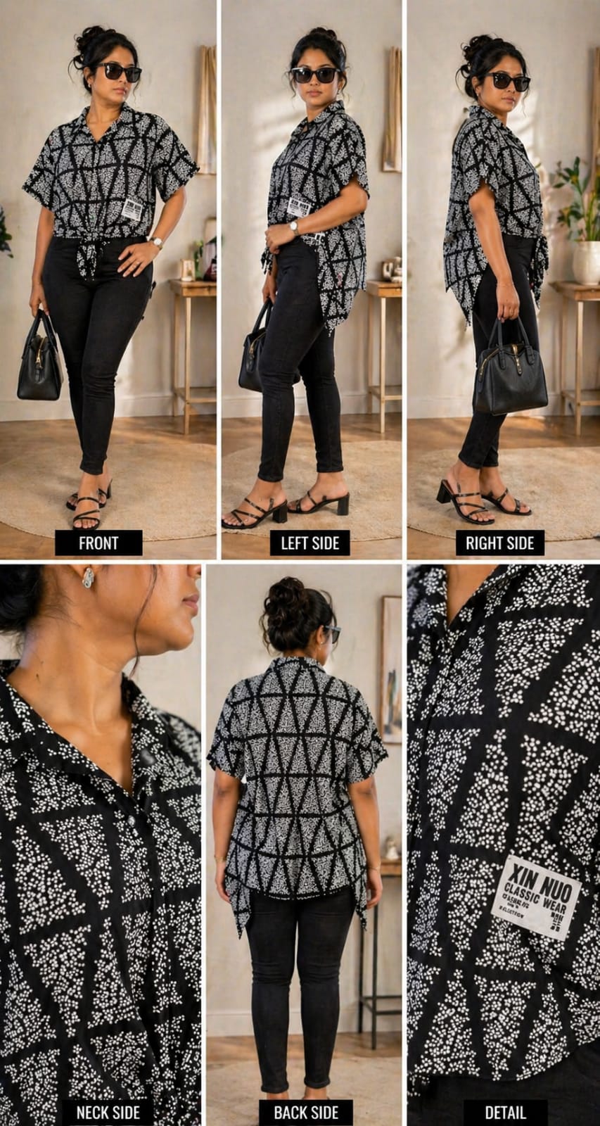 Women’s Black & White Printed Tie-Up Shirt Top | Casual Short Sleeve| Korean & chinese crop top |Xl | Cotton silk |