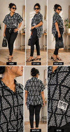 Women’s Black & White Printed Tie-Up Shirt Top | Casual Short Sleeve| Korean & chinese crop top |Xl | Cotton silk |