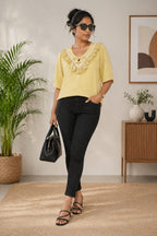 Women’s Solid Mustard Frill Neck Top with Tie-Up | XL | Korean  & chinese crop top |