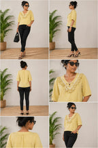Women’s Solid Mustard Frill Neck Top with Tie-Up | XL | Korean  & chinese crop top |