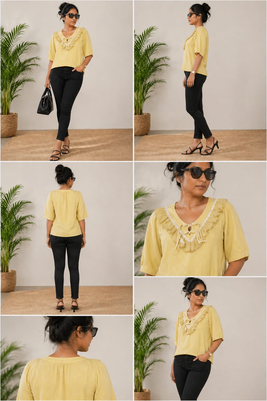 Women’s Solid Mustard Frill Neck Top with Tie-Up | XL | Korean  & chinese crop top |