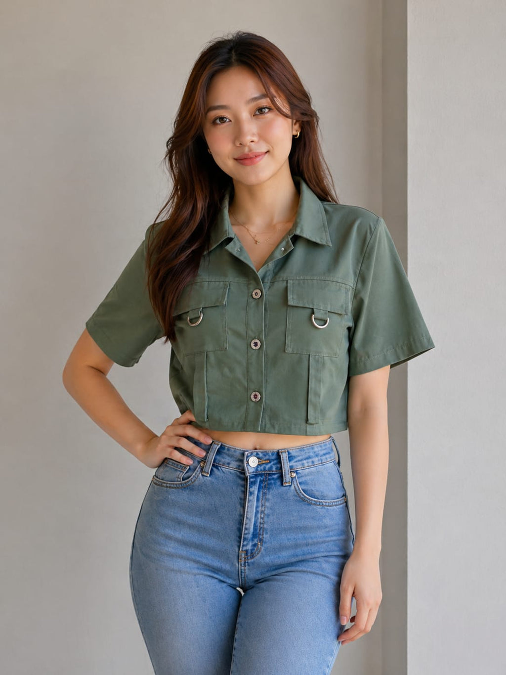 Women’s Olive Green Cropped Utility Shirt Top | xl | korean & chinese crop top | cotton material