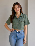 Women’s Olive Green Cropped Utility Shirt Top | xl | korean & chinese crop top | cotton material