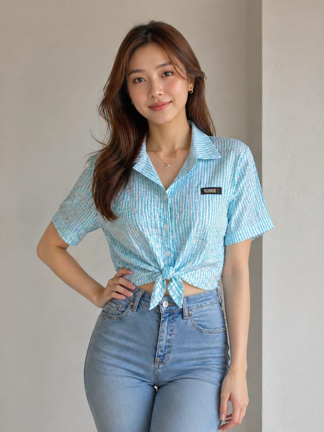 Women’s Sky Blue Striped Tie-Front Crop Shirt | XL | Cotton material | Korean & chinese crop top |