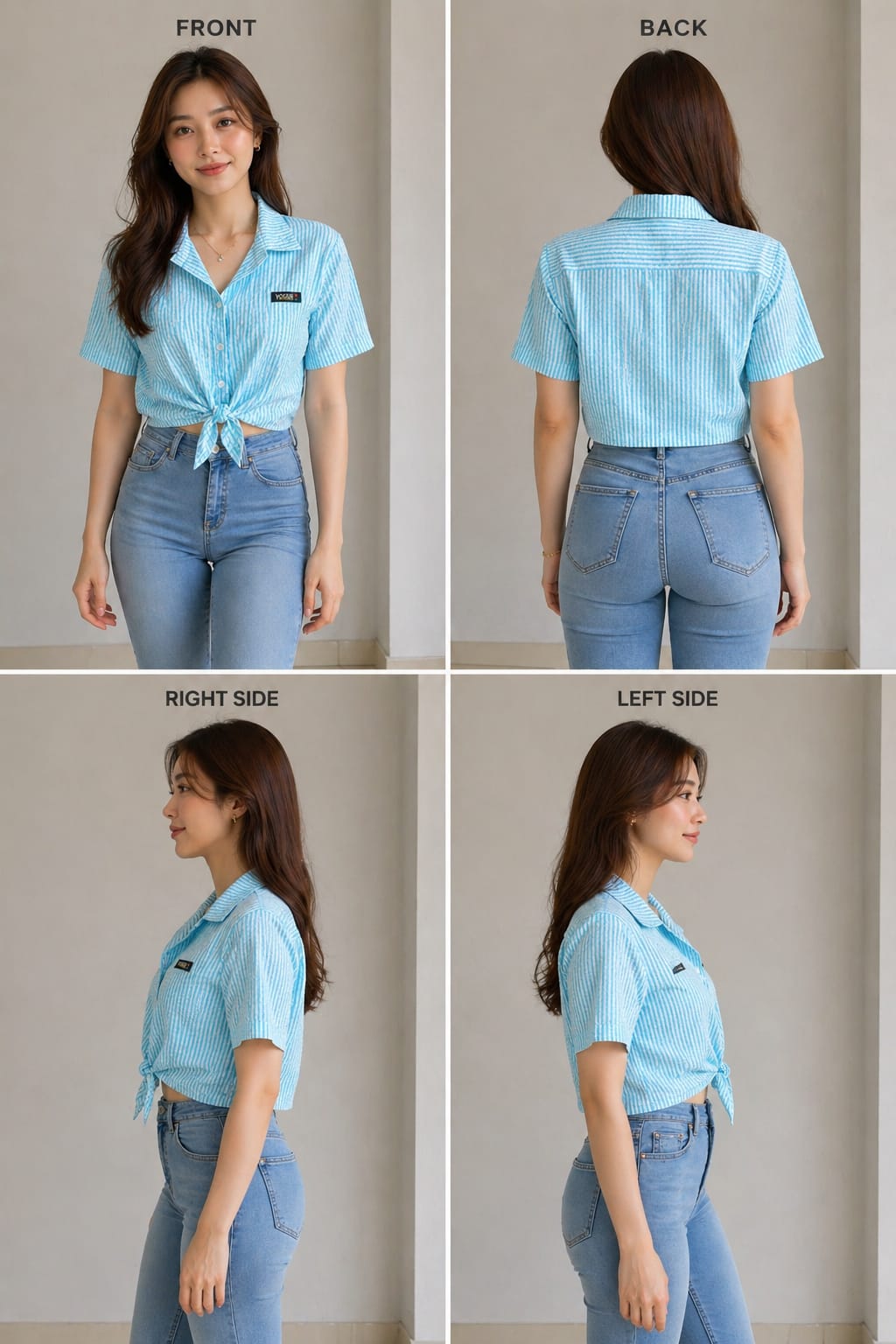 Women’s Sky Blue Striped Tie-Front Crop Shirt | XL | Cotton material | Korean & chinese crop top |