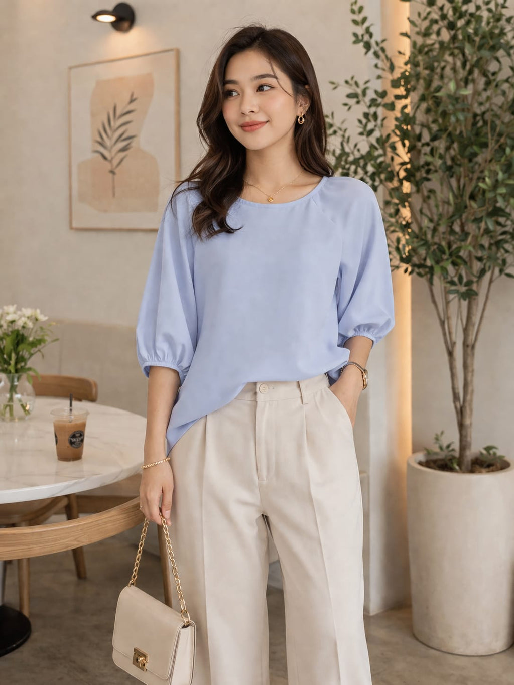 Elegant Light Blue Puff Sleeve top |XL |Korean & chinese crop top | soft silk material |