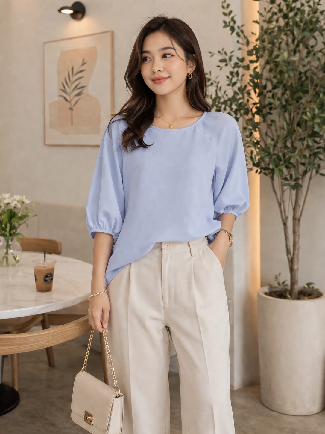 Elegant Light Blue Puff Sleeve top |XL |Korean & chinese crop top | soft silk material |