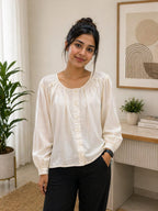 Premium Soft Fabric Cream Buttoned Top |Korean & chinese crop top | xl | soft silk material|