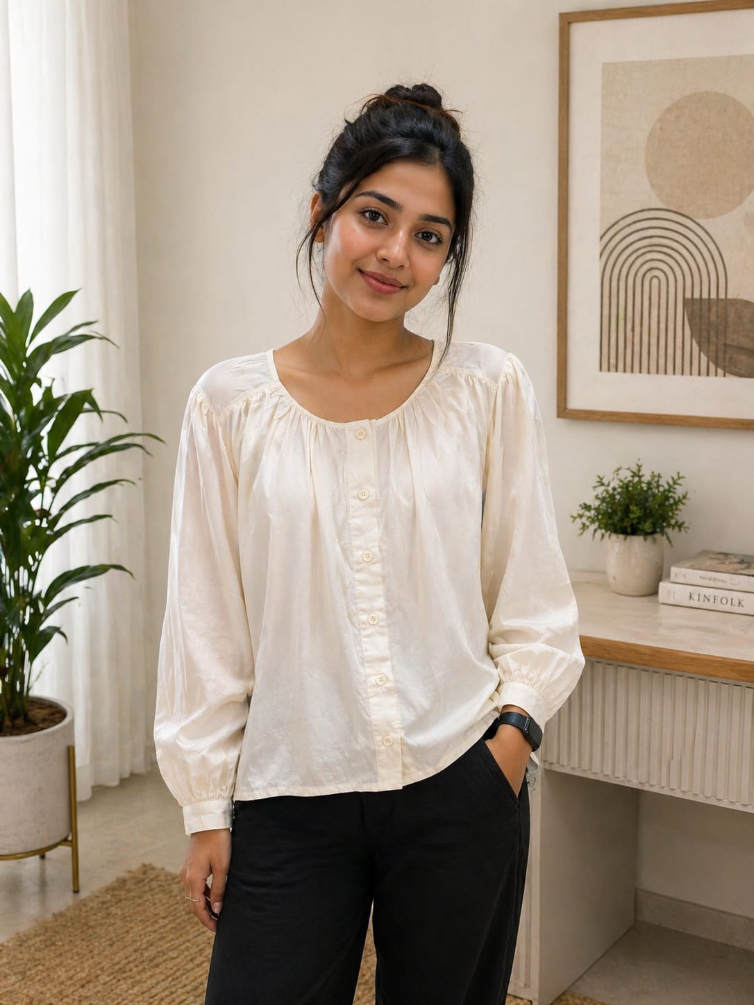 Premium Soft Fabric Cream Buttoned Top |Korean & chinese crop top | xl | soft silk material|