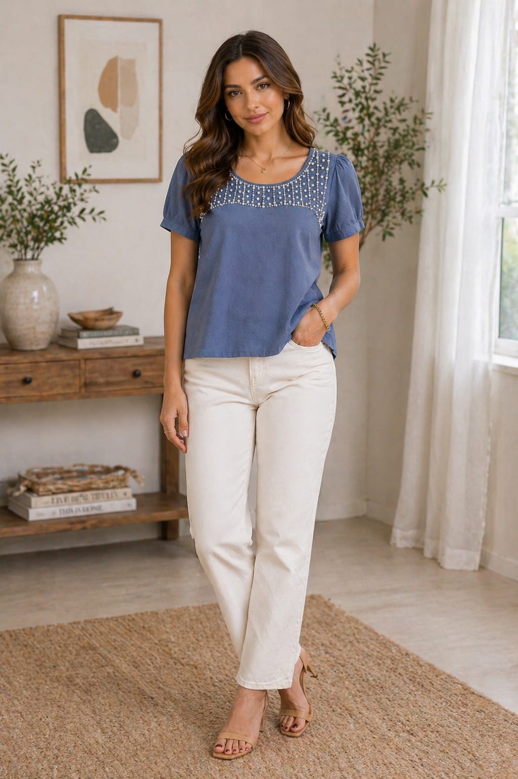 Dusty Blue Pearl Embellished Puff Sleeve Top | M | Korean & chinese crop top |