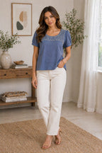 Dusty Blue Pearl Embellished Puff Sleeve Top | M | Korean & chinese crop top |
