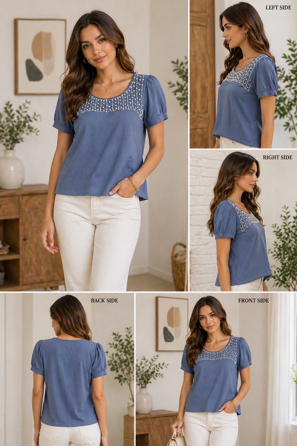 Dusty Blue Pearl Embellished Puff Sleeve Top | M | Korean & chinese crop top |