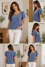 Dusty Blue Pearl Embellished Puff Sleeve Top | M | Korean & chinese crop top |