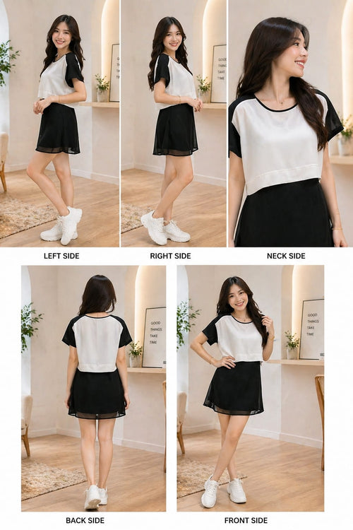 Black & White colorblock flare dress  XL Size | soft silk material | korean & chinese crop top