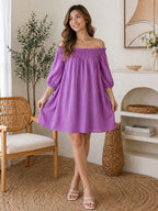 Lavender Off-Shoulder Smocked Mini Dress XL size | Korean & Chinese crop top | cotton silk