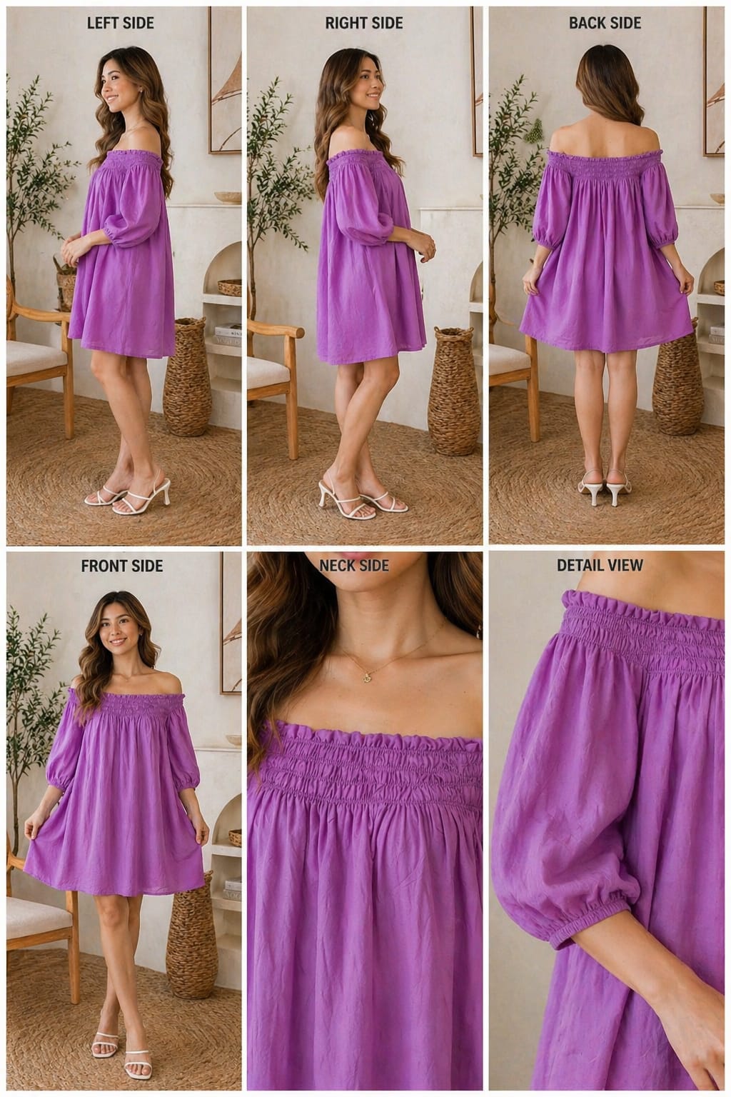 Lavender Off-Shoulder Smocked Mini Dress XL size | Korean & Chinese crop top | cotton silk