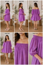 Lavender Off-Shoulder Smocked Mini Dress XL size | Korean & Chinese crop top | cotton silk