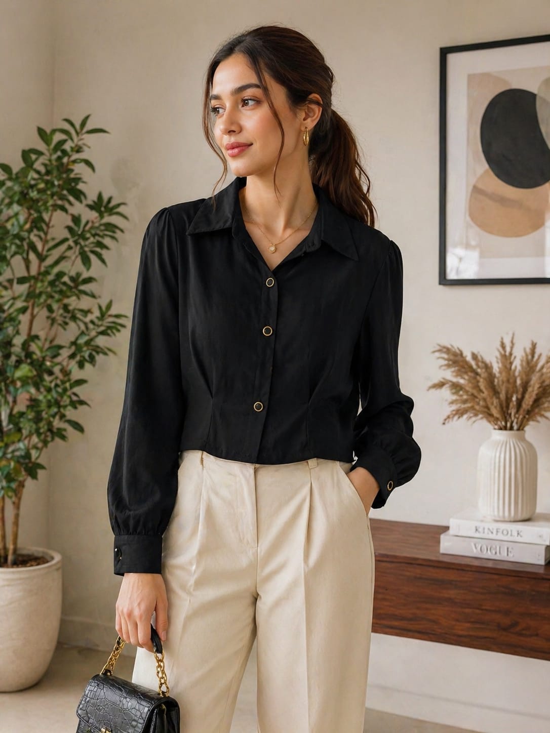 Elegant Black Button-Down Formal Shirt for Women |XL | Soft silk material | Korean & chinese crop top |