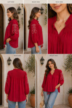 Ruby Red Smocked Boho Peasant Blouse Top | korean & chinese crop top | xl size |