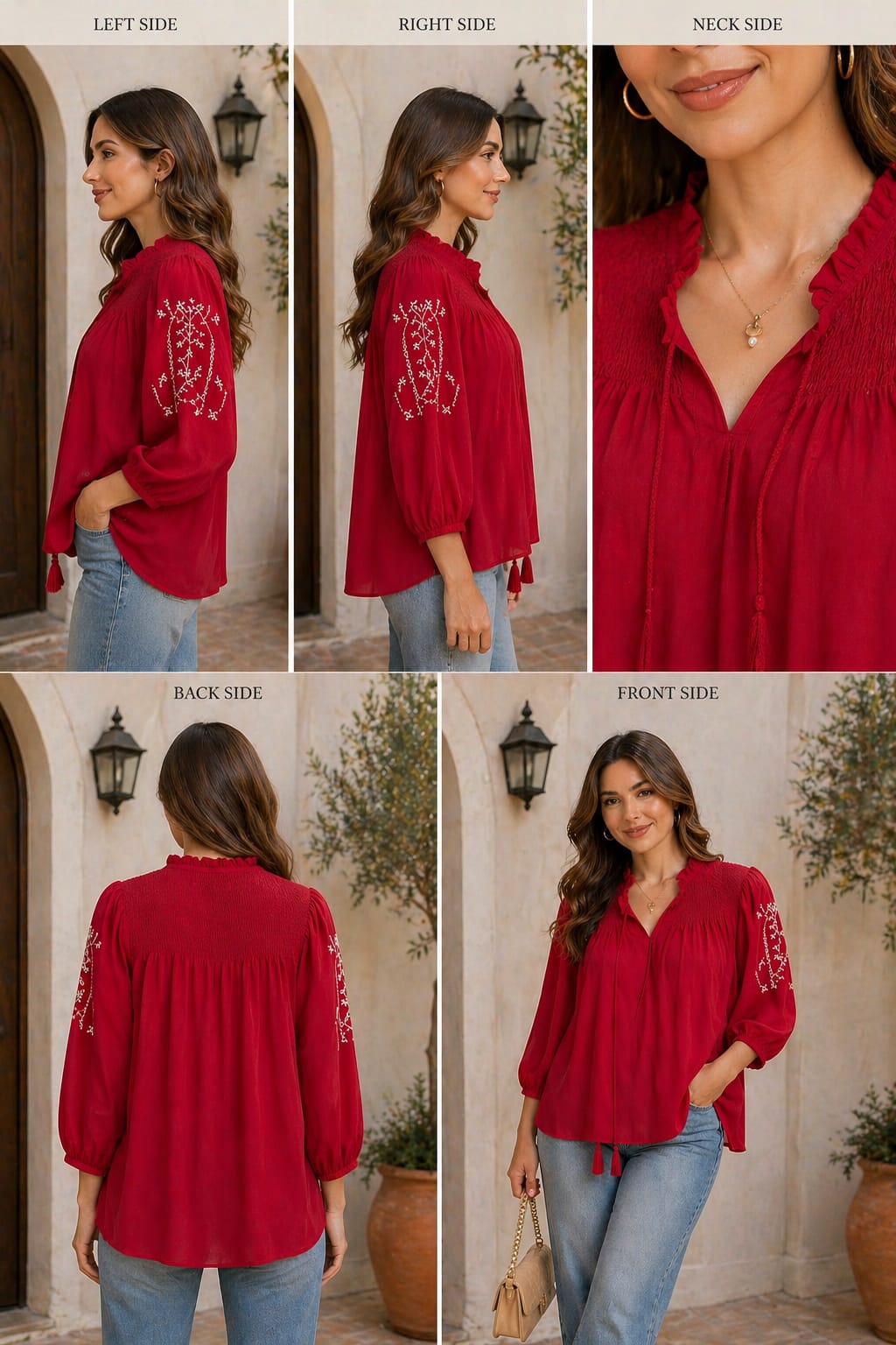 Ruby Red Smocked Boho Peasant Blouse Top | korean & chinese crop top | xl size |