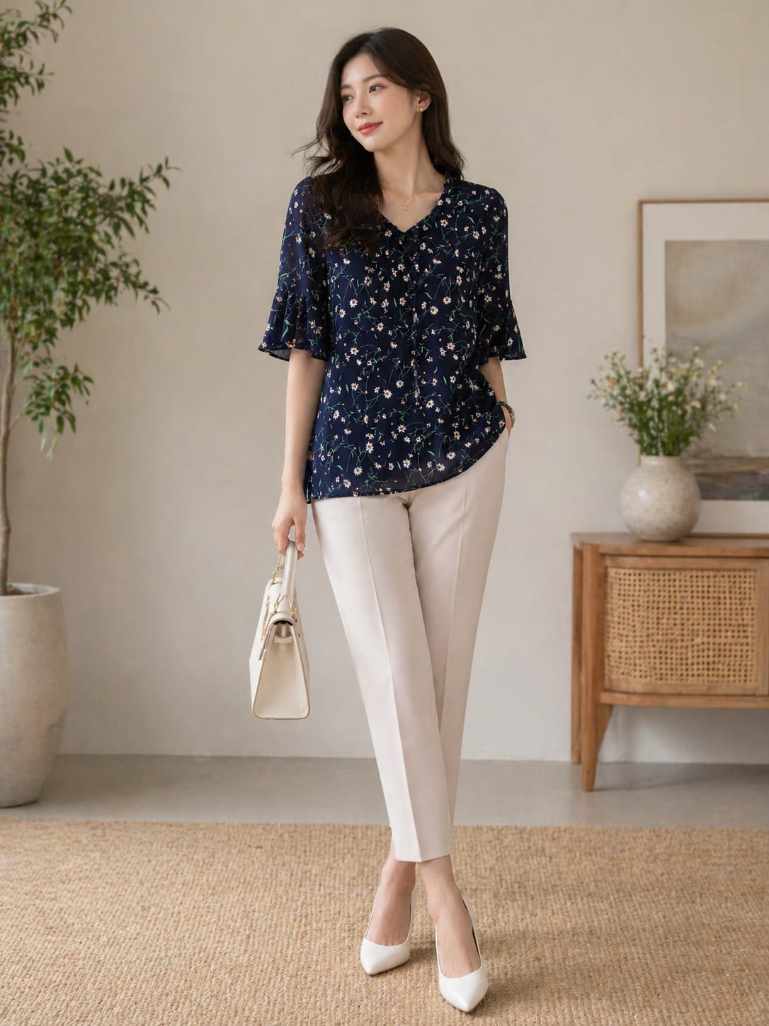 Navy Blossom Top | M | Cotton,shiffon material |Korean & chinese crop top |