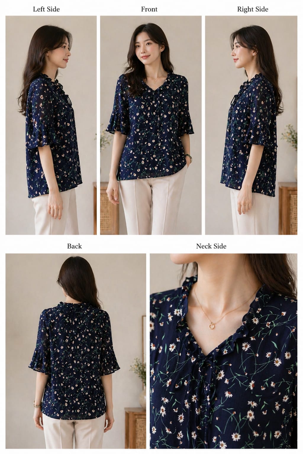 Navy Blossom Top | M | Cotton,shiffon material |Korean & chinese crop top |