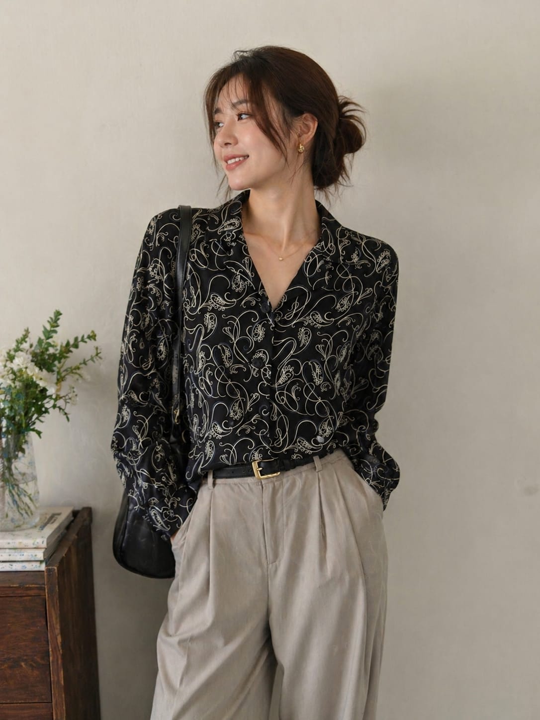 Vintage Ink pattern shirt | XL | shiffon & silk material | korean & chinese crop top