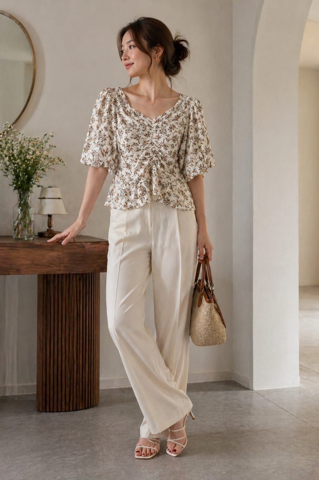 Soft Bloom Ruched Floral Blouse | xl | cotton silk material | korean & chinese crop top
