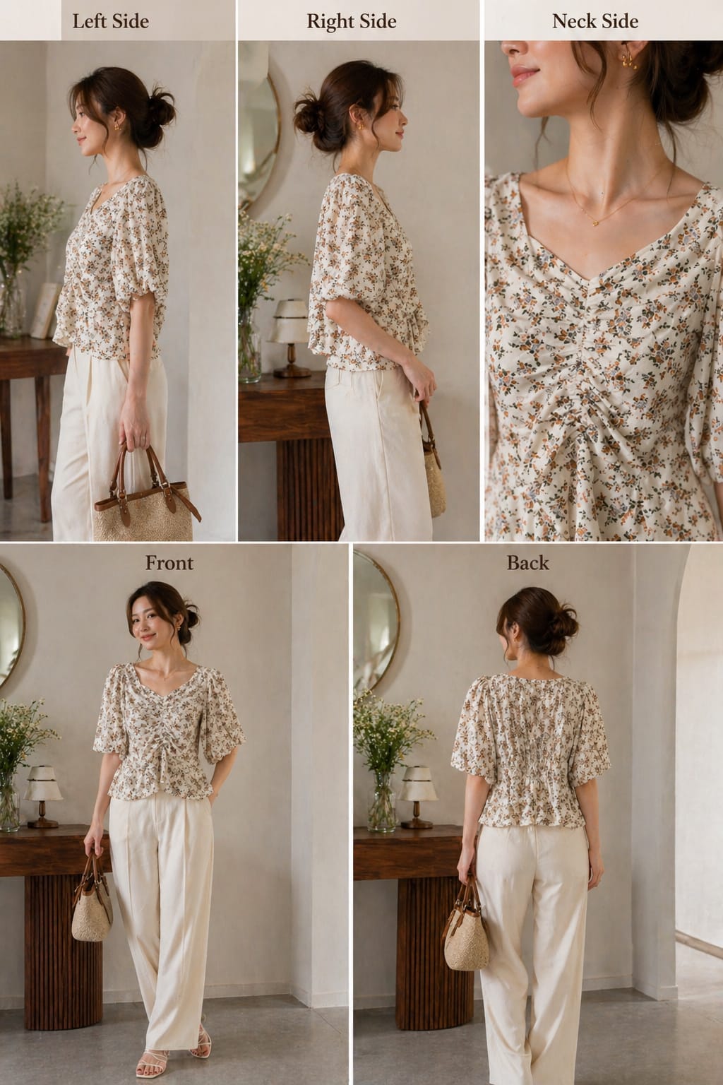 Soft Bloom Ruched Floral Blouse | xl | cotton silk material | korean & chinese crop top